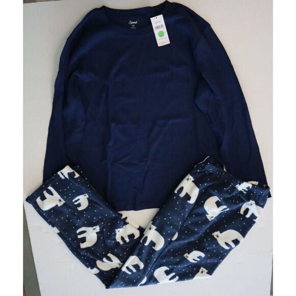 Leveret Men's Sz Large Blue Polar Bear Cotton Top Fleece Pants Pajama Set - Picture 2 of 15